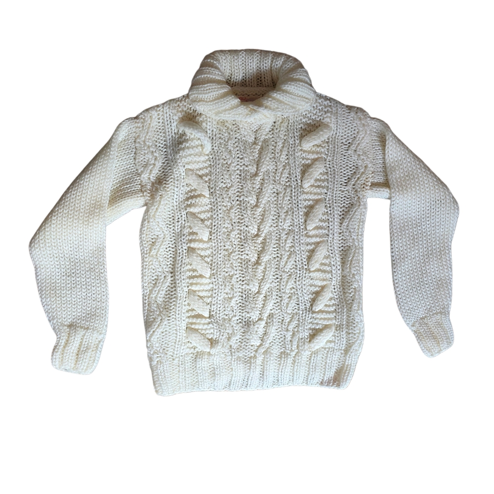 Vintage Grannycore White Sweater Chunky Cable Knit Shawl Neck 80s Cozy Small